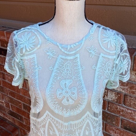Jen's Pirate Booty Mint Green Lace Embroidered Drop Waist Mini Dress Women's SM - Picture 2 of 10